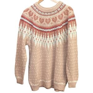 Vintage Tarazzia Pink Heart Fair Isle Sweater Nordic Yoke 80s Cozy Valentine's